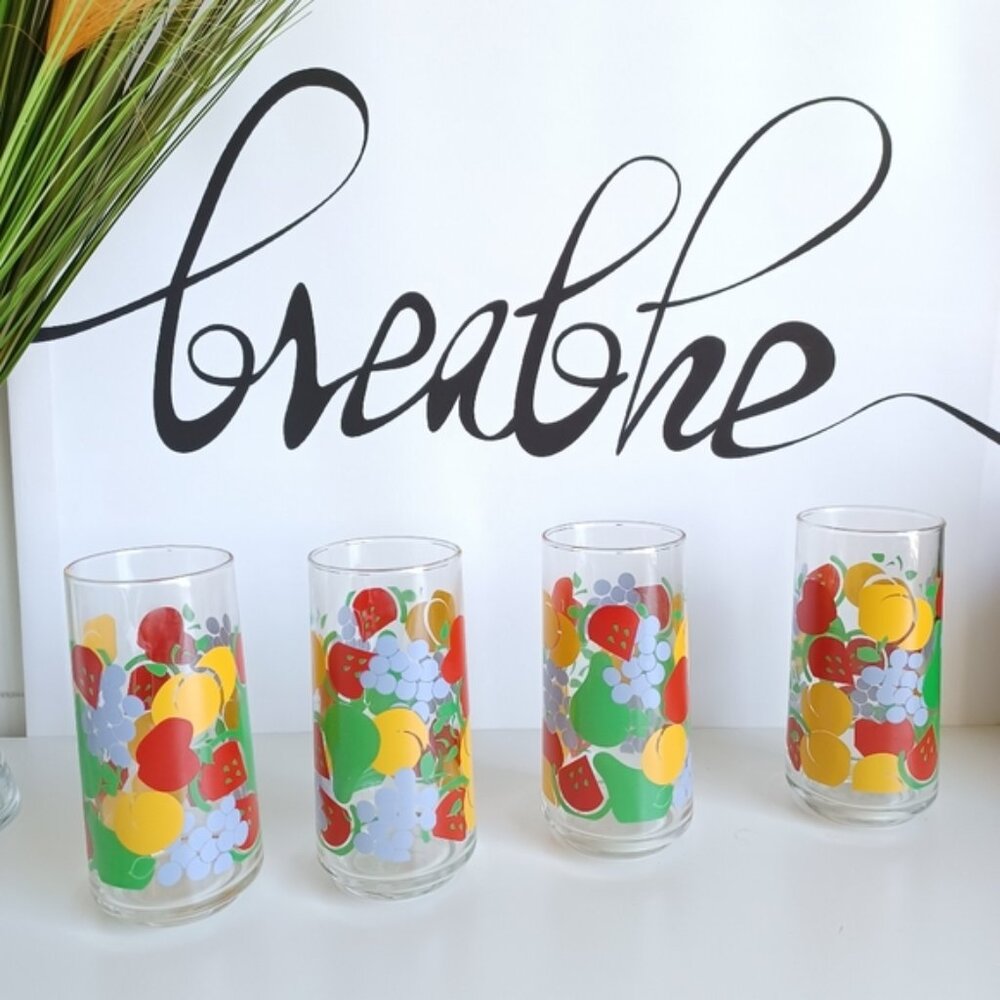 Crisa Vintage 90s Glassware | Set of 4 Iced Tea Glasses | Fruit Print
